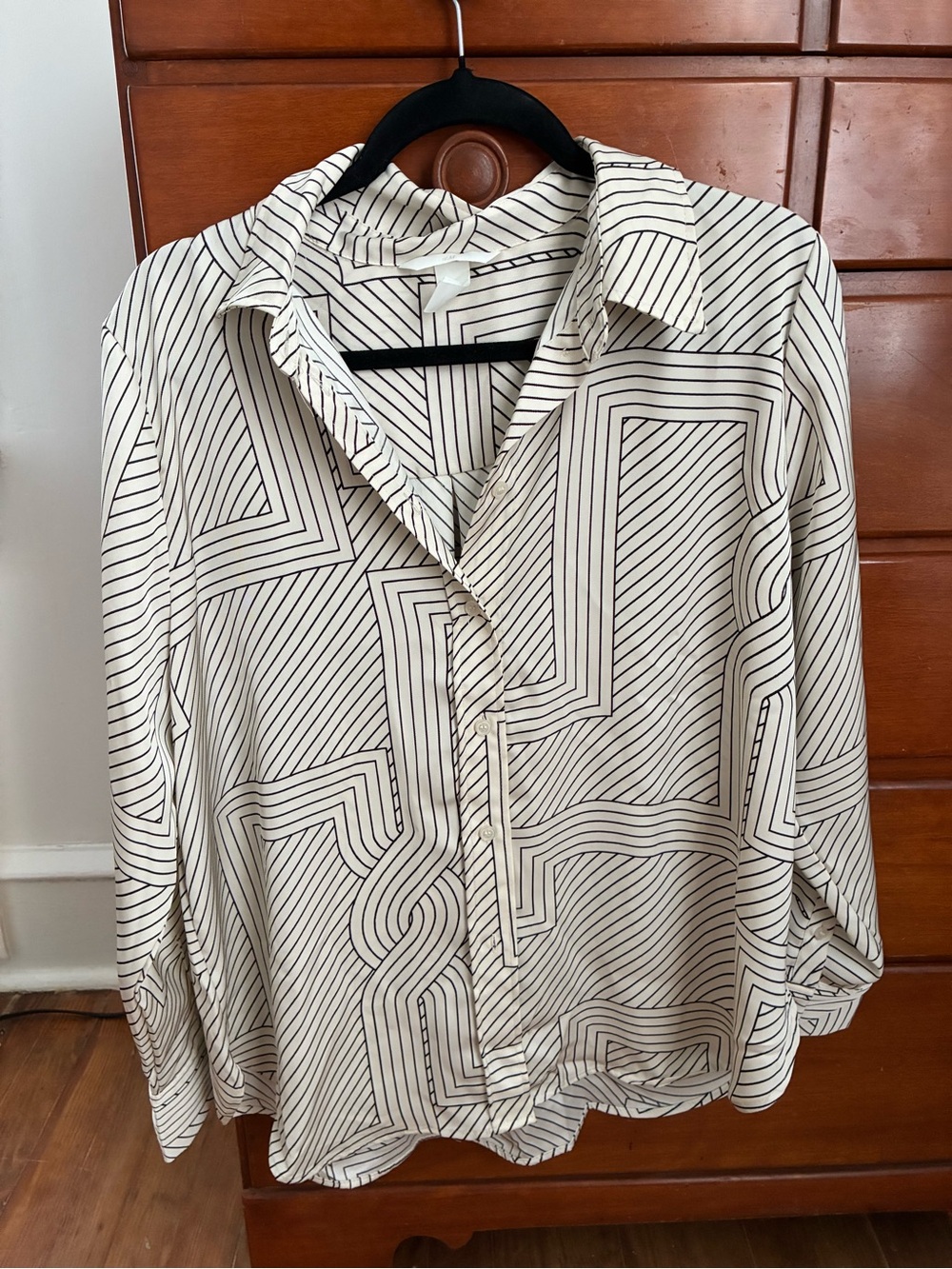 H&M Geometric Stripe Button-Up Blouse in Ivory and Black